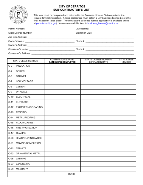 First page of the Sub-Contractor’s List