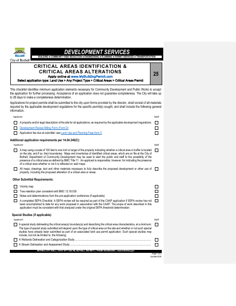 First page of the Critical Areas Identification & Critical Areas Alterations