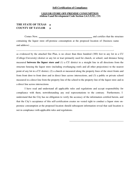 First page of the Liquor Store Distance Compliance Certification