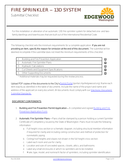 First page of the Fire Sprinkler – 13D System Submittal Checklist