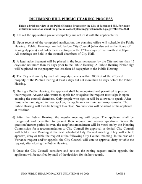 First page of the UDO Public Hearing Packet (Rezoning, Variance, or Annexation)