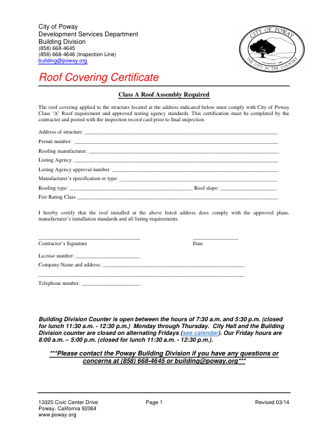 First page of the Roof Covering Certificate