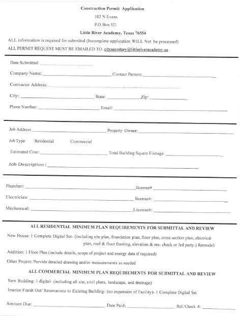 First page of the Construction Permit Application
