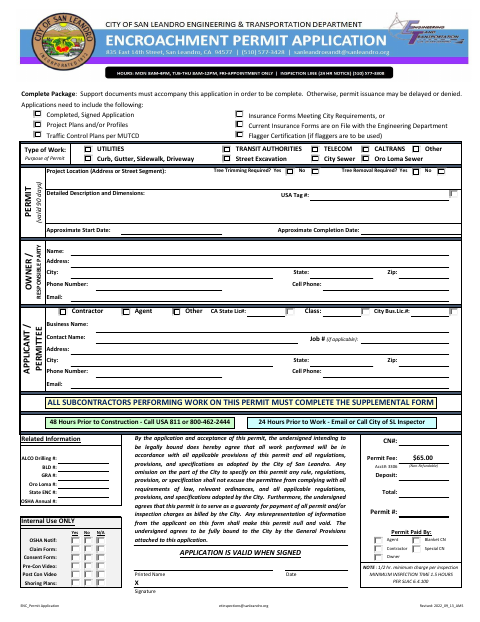 First page of the Encroachment Permit Application