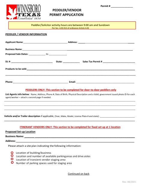 First page of the Peddler/Vendor Permit Application