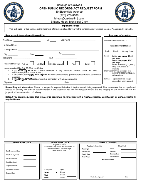 First page of the Open Public Records Act Request Form
