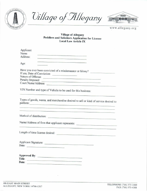 First page of the Peddlers and Solicitors Application for License