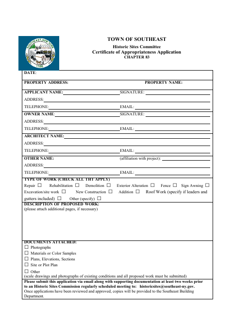First page of the Historic Sites Committee Certificate of Appropriateness Application