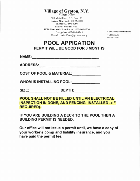 First page of the Pool Application Permit