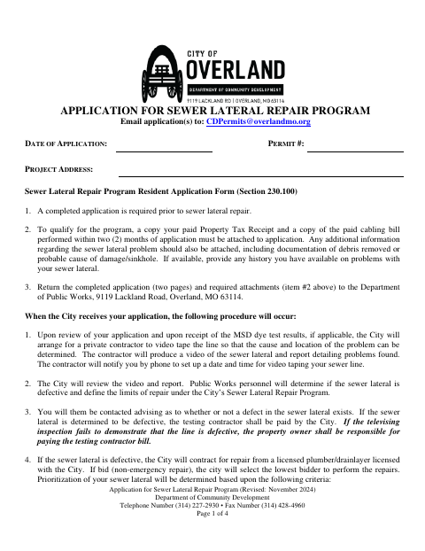 First page of the Sewer Lateral Repair Program Application