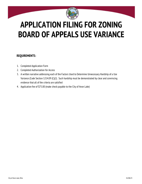 First page of the Zoning Board of Appeals Use Variance Application