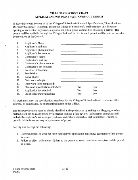 First page of the Driveway / Curb Cut Permit Application