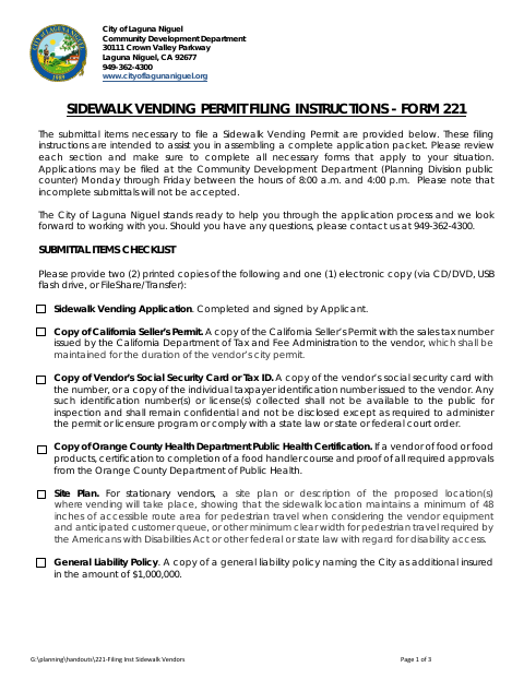 First page of the Sidewalk Vending Permit Application and Filing Instructions
