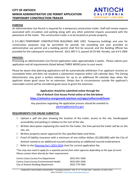 First page of the Temporary Construction Trailer Application