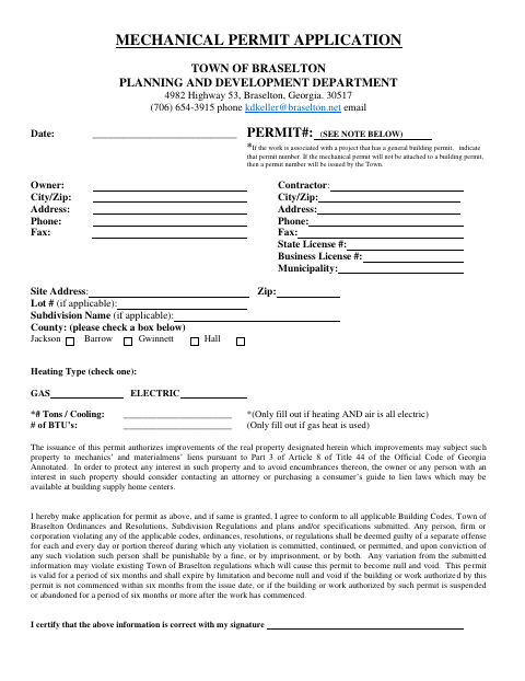 First page of the Mechanical Permit Application