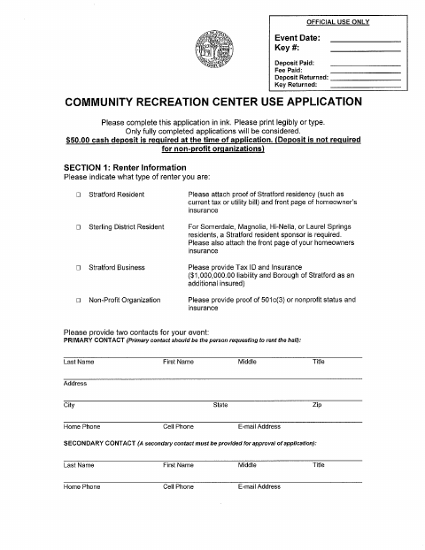First page of the Community Recreation Center Use Application