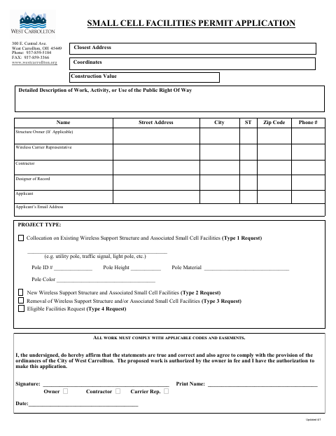 First page of the Small Cell Facilities Permit Application