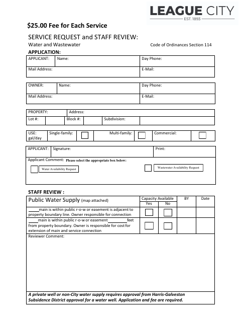 First page of the Water and Wastewater Service Availability Request Form
