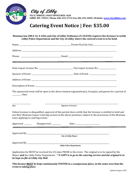 First page of the Catering Event Notice