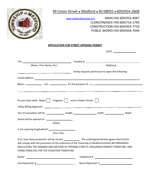 First page of the Application for Street Opening Permit