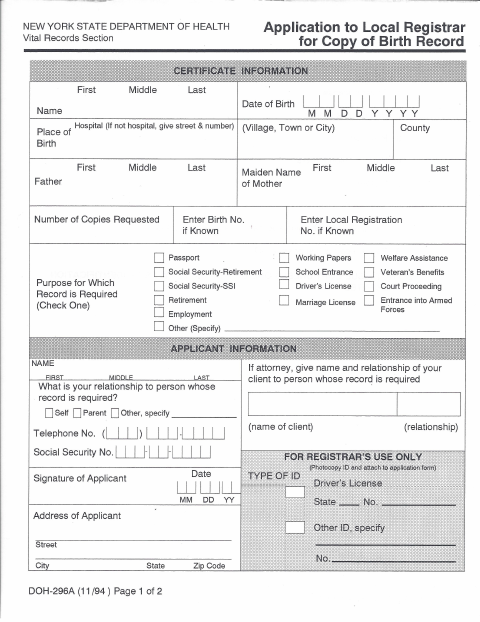 First page of the Birth Certificate Application
