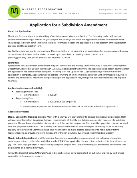 First page of the Subdivision Amendment Application