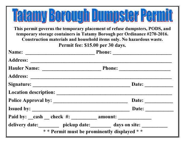 First page of the Temporary Refuse Dumpster and Storage Container Permit