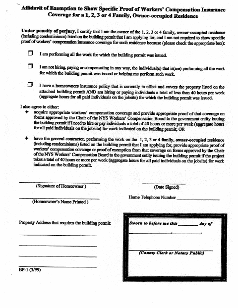 First page of the Affidavit of Exemption to Provide Workers Compensation