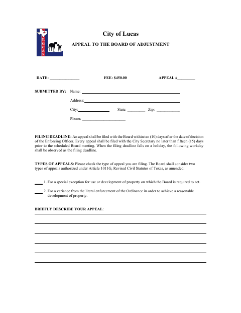 First page of the Appeal to the Board of Adjustment