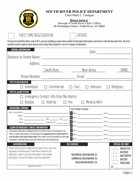 First page of the Alarm Registration Application