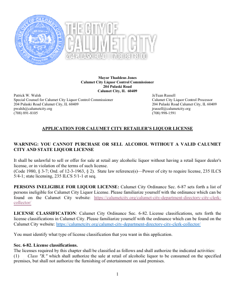 First page of the Retailer’s Liquor License Application