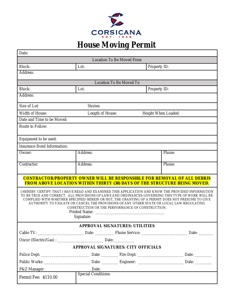 First page of the House Moving Permit Application