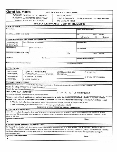 First page of the Electrical Permit Application