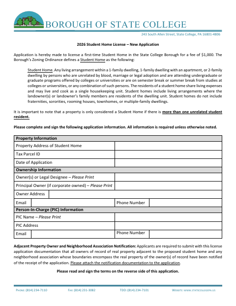 First page of the 2026 Student Home License – New Application