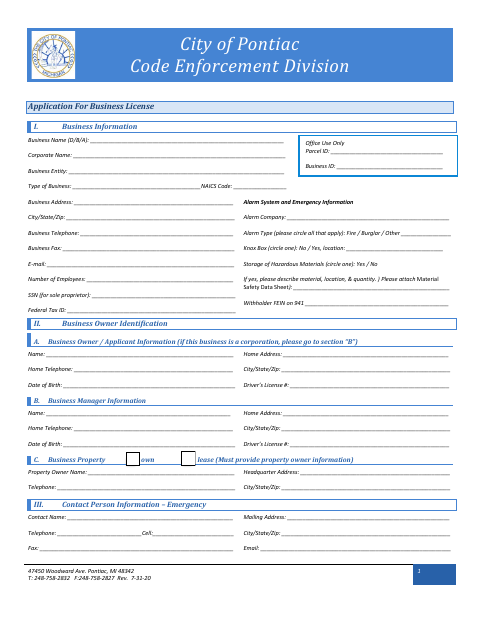 First page of the Business License Application