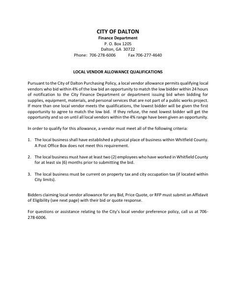 First page of the Local Vendor Allowance Affidavit of Eligibility