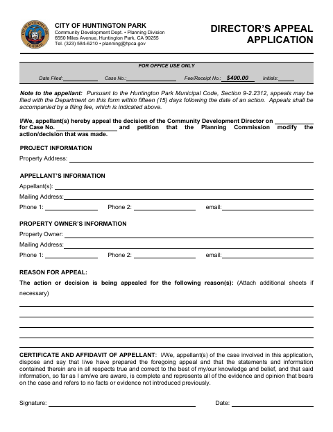First page of the Director’s Appeal Application