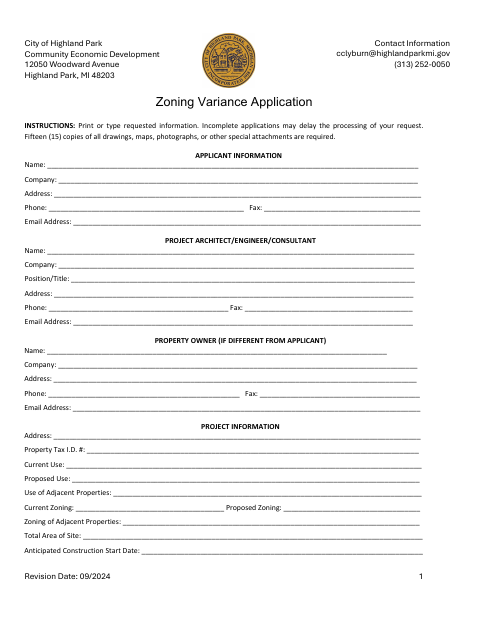 First page of the Zoning Variance Application