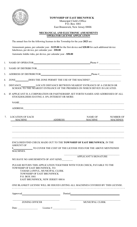 First page of the Mechanical and Electronic Amusements Operator License Application