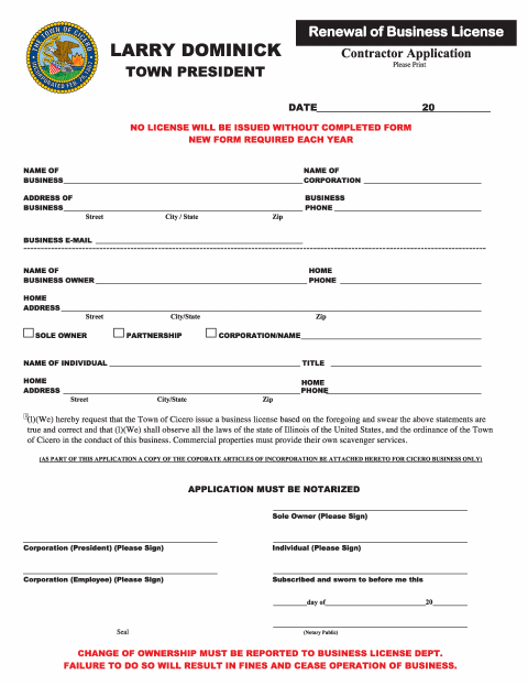 First page of the Renewal of Business License Contractor Application