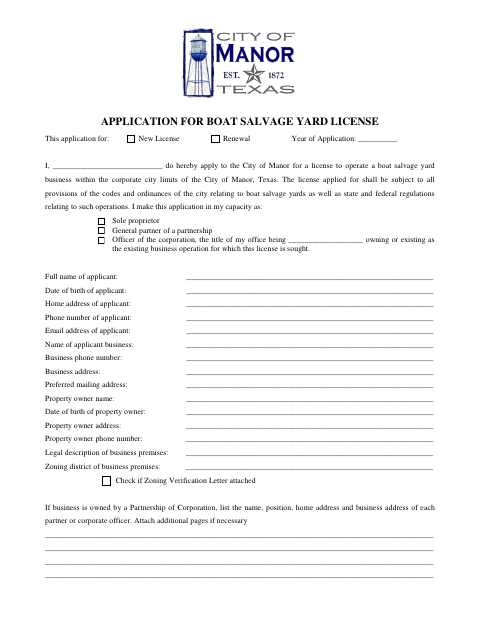 First page of the Boat Salvage Yard License Application