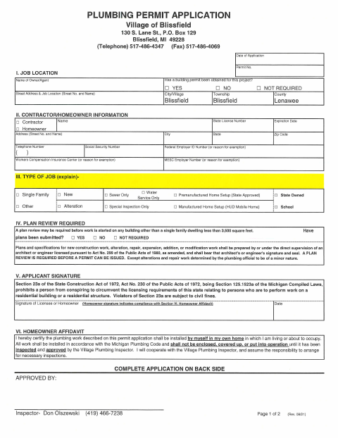 First page of the Plumbing Permit Application