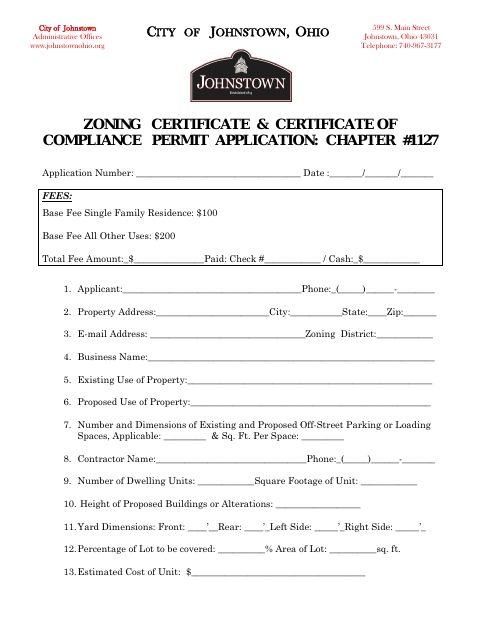 First page of the Zoning Certificate & Certificate of Compliance Permit Application