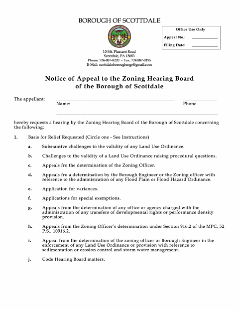 First page of the Zoning Appeal Application