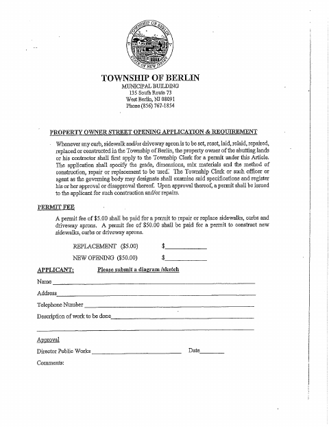 First page of the Municipal Street Opening Permit Application