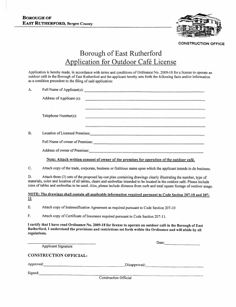 First page of the Outdoor Cafe License Application