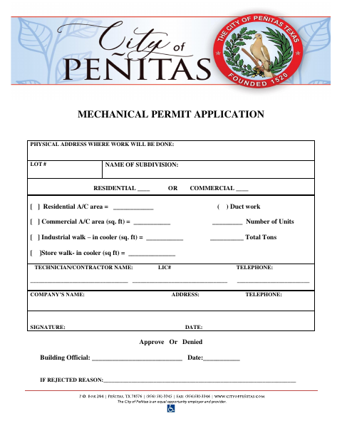 First page of the Mechanical Permit Application