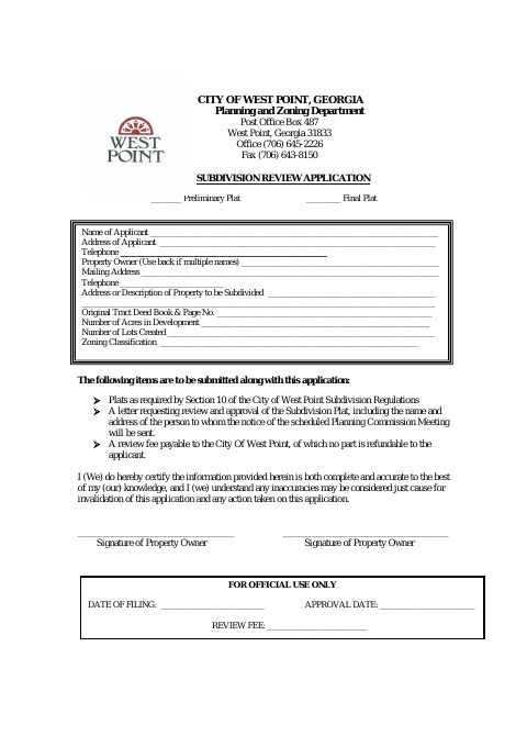 First page of the Subdivision Review Application