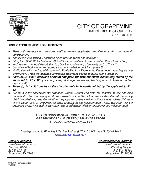First page of the Transit District Overlay Application