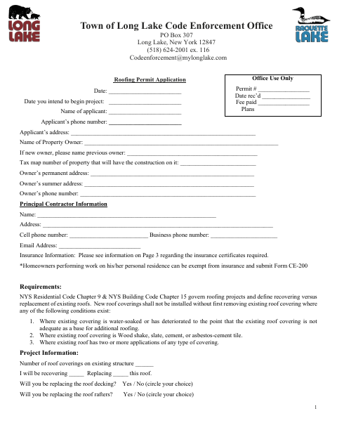 First page of the Roofing Permit Application